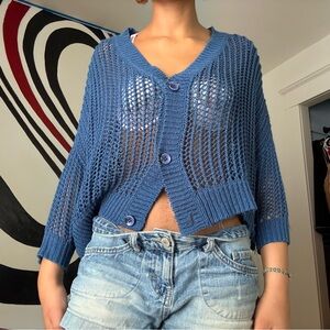 Vintage Open Knit Blue Cropped Sweater